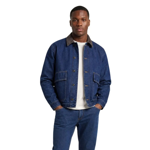 Only Herren-Jeansblazer von and Sons in Blau, aus Baumwolle, mit kontrastierendem braunem Kragen und zwei Vordertaschen