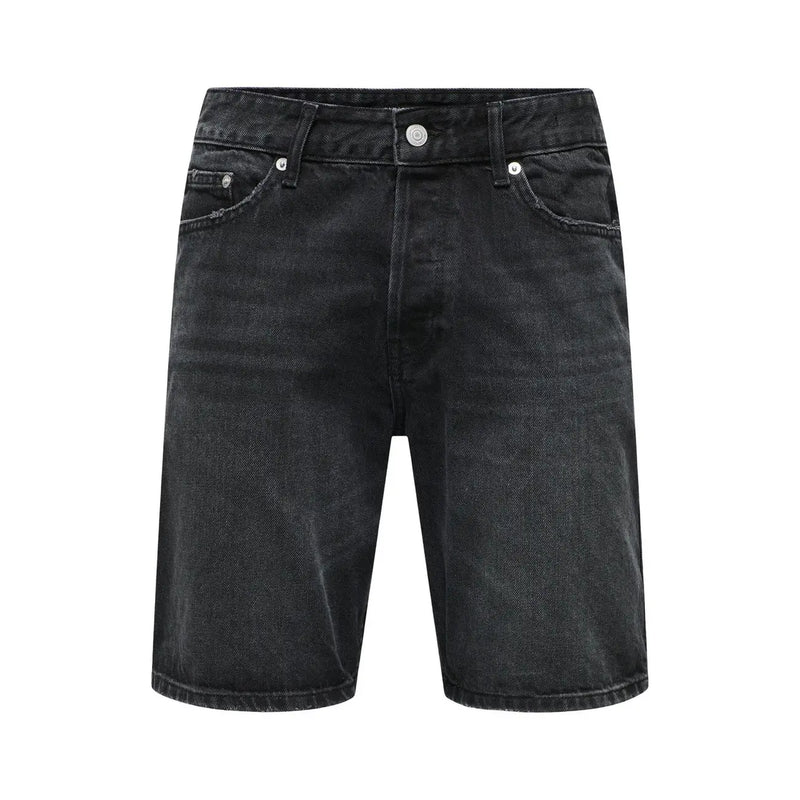 Only & Sons Shorts von Edge für Herren aus schwarzem Denim mit Used-Look und silberfarbenen Beschlägen, Vorderansicht