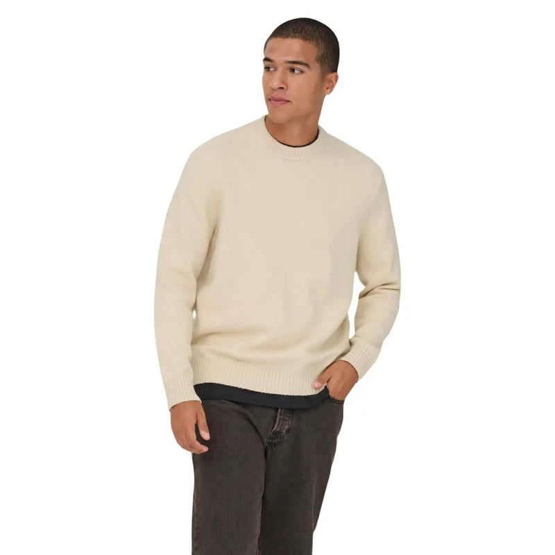 Only Sons-Pullover James für Herren in Creme mit Rippstrick und dezentem schwarzem Besatz, Vorderansicht