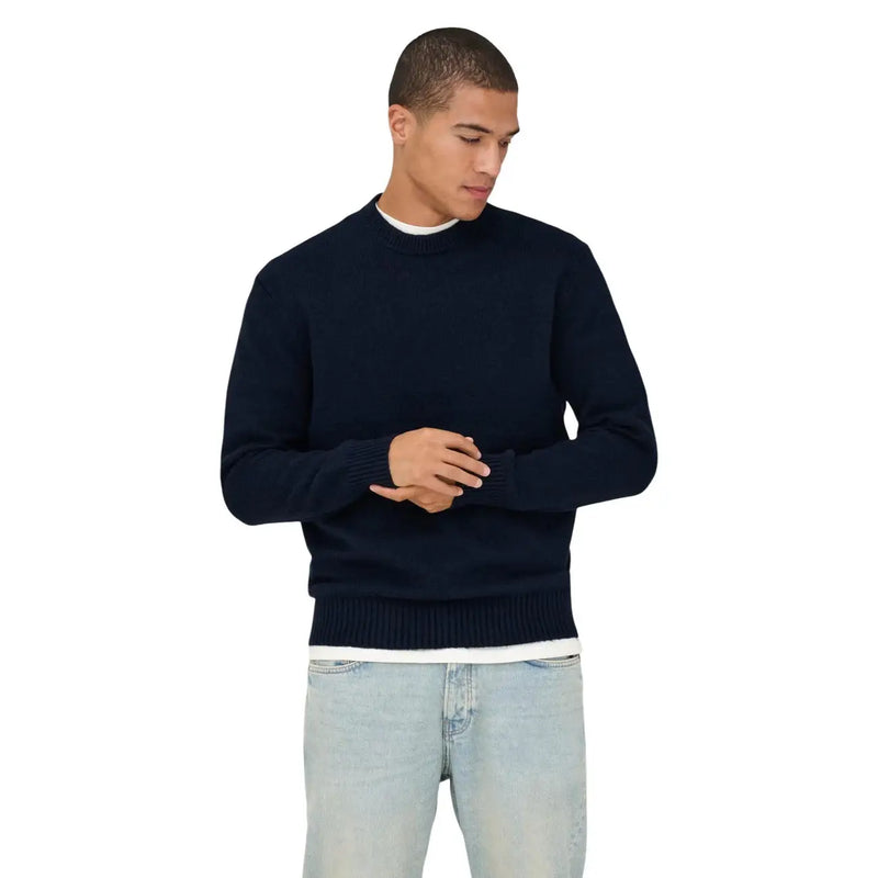 Only & Sons Pullover James für Herren in Marineblau mit gerippten Bündchen und Saum, Vorderansicht