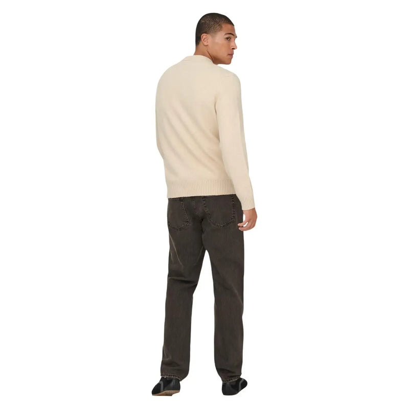 Only Sons-Pullover James für Herren in Creme mit geripptem Rundhalsausschnitt und Bündchen, Vorderansicht