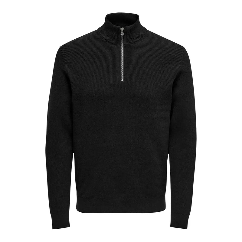 Only Phil-Pullover für Herren von Sons, schwarz gerippt, mit silbernem Viertelreißverschluss, Vorderansicht