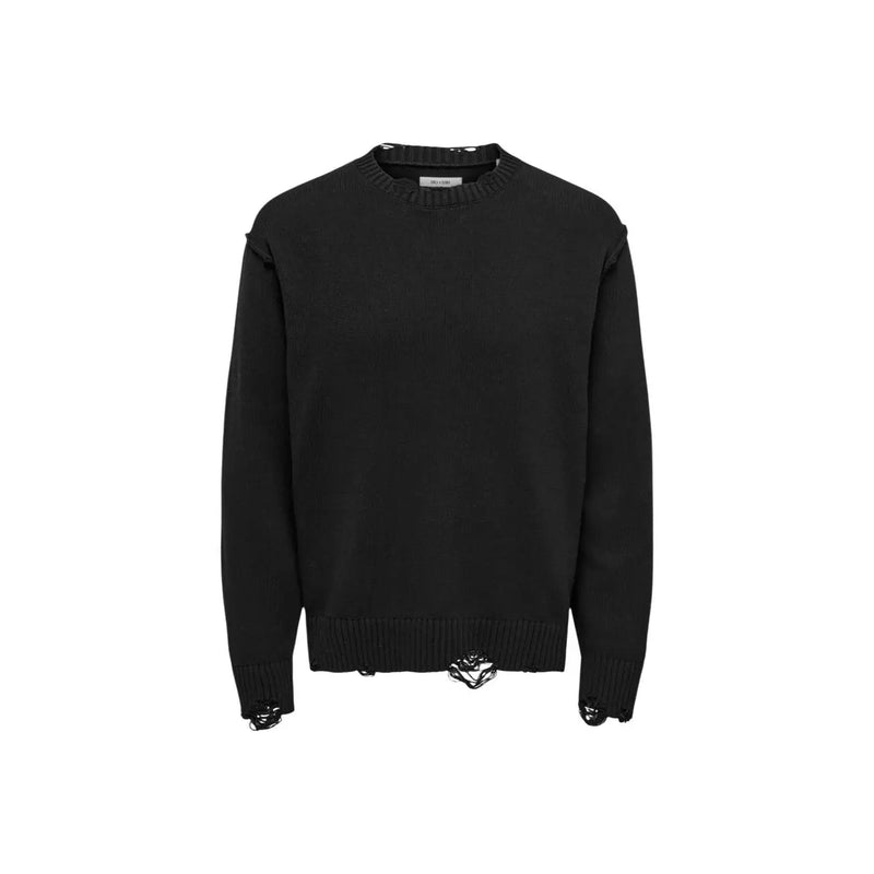 Only Herrenpullover „Tune“ von Sons in Schwarz mit Used-Look-Strick und ausgefransten Kanten, Vorderansicht