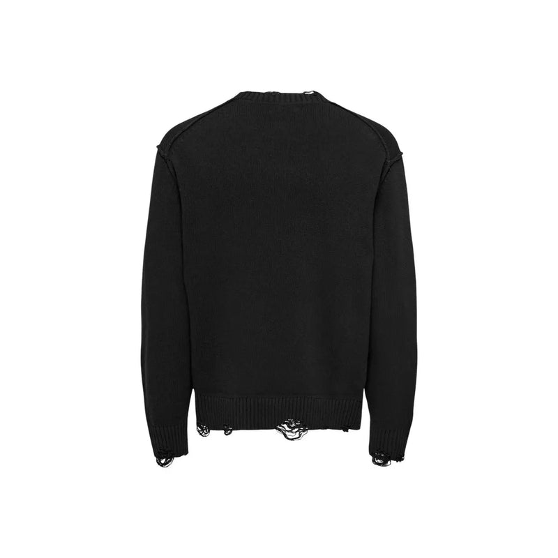 Only Herrenpullover „Tune“ von Sons aus schwarzem Strick mit Used-Look und ausgefransten Bündchen an Saum und Ärmeln, Vorderansicht