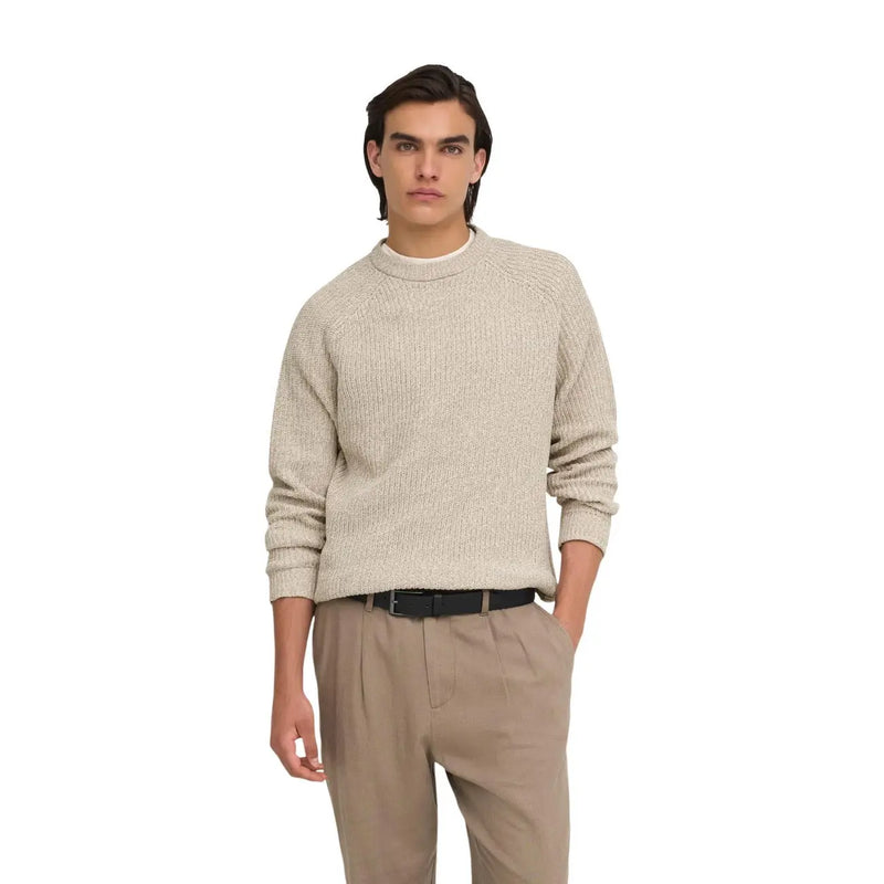 Only Damenpullover Join aus beigefarbenem Rippstrick mit strukturierter, melierter Oberfläche, Vorderansicht