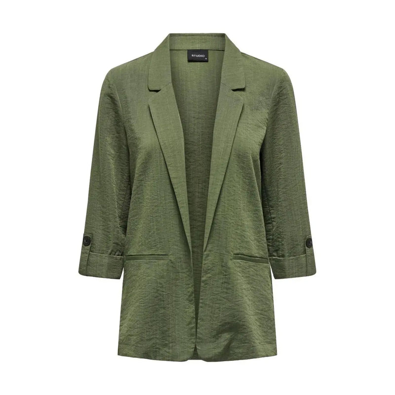 Only women beige blazer with olive green textured viscose blend fabric and three quarter length sleeves