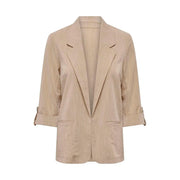 Only women beige linen blazer with subtle vertical stripes and rolled-up three-quarter sleeves in viscose blend