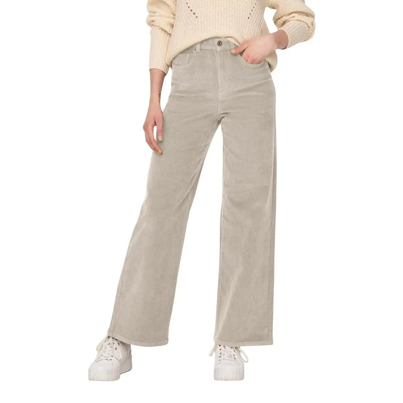 Only Beigefarbene Damen-Cordhose aus Baumwolle mit weitem Bein, lockerer Passform und klassischem Fünf-Taschen-Design, Größe 28