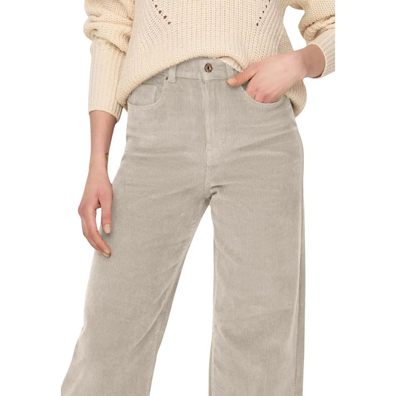 Only Beigefarbene Damen-Cordhose aus Baumwolle mit weitem Bein, weicher Textur und klassischem Knopfverschluss, Größe 28
