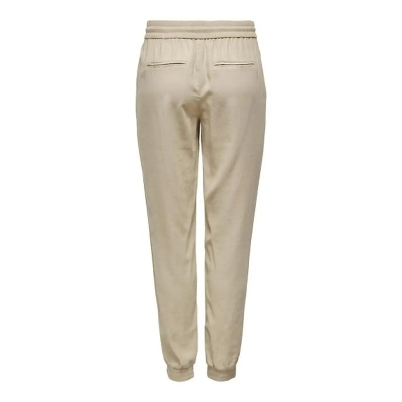 Beige Viskose-Schnürhose für Damen mit lockerem Schnitt, elastischem Bund und schmal zulaufenden Beinen – perfekt für Frühling und Sommer