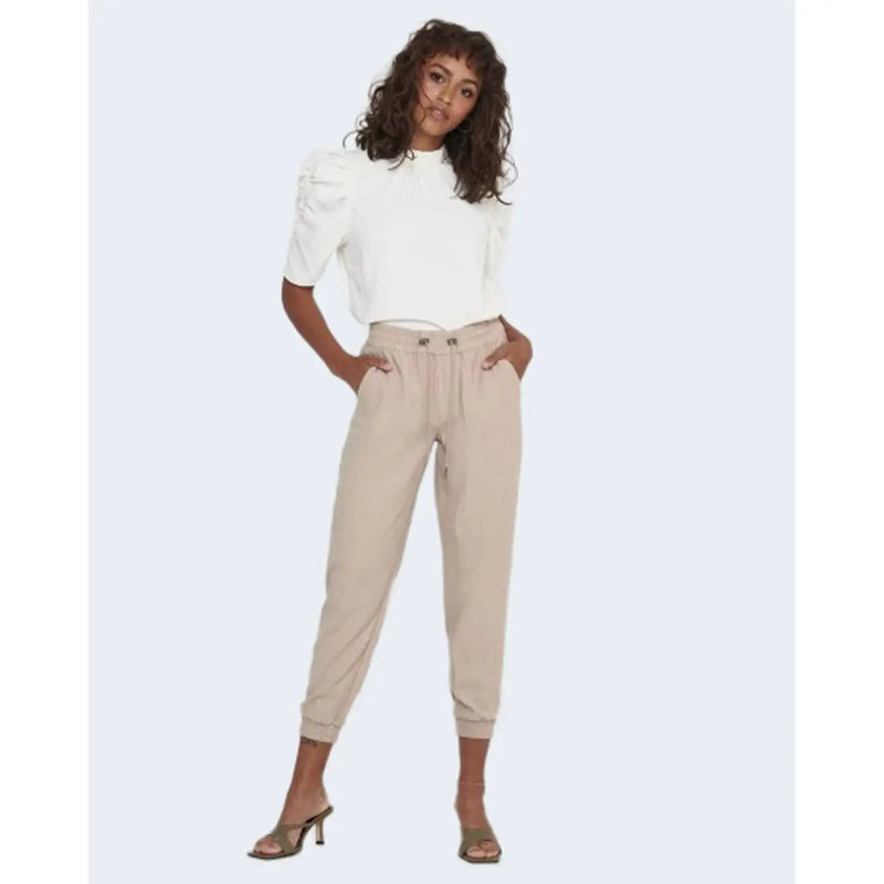 Only Beigefarbene Damen-Viskosehose mit Schnürung, Kordelzug, elastischen Bündchen im Jogger-Stil und Seitentaschen für Frühling und Sommer