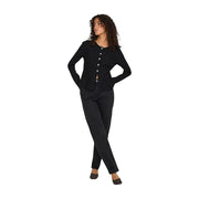 Only Schwarze Damenstrickjacke mit langen Ärmeln, taillierter Silhouette und dezentem Schößchensaum, Viskose-Nylon-Strickware, Vorderansicht