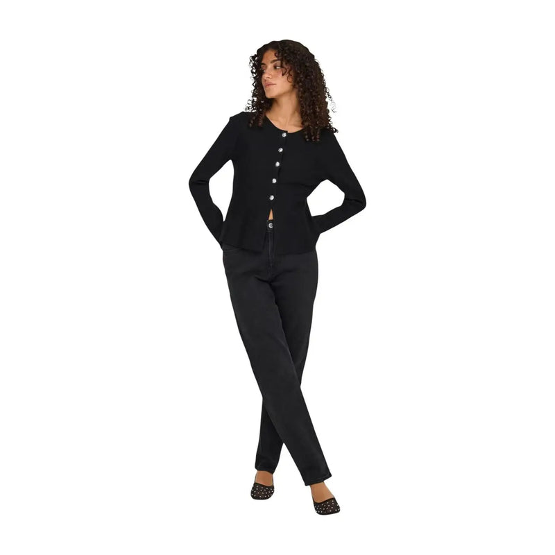 Only Schwarze Damenstrickjacke mit langen Ärmeln, taillierter Silhouette und dezentem Schößchensaum, Viskose-Nylon-Strickware, Vorderansicht