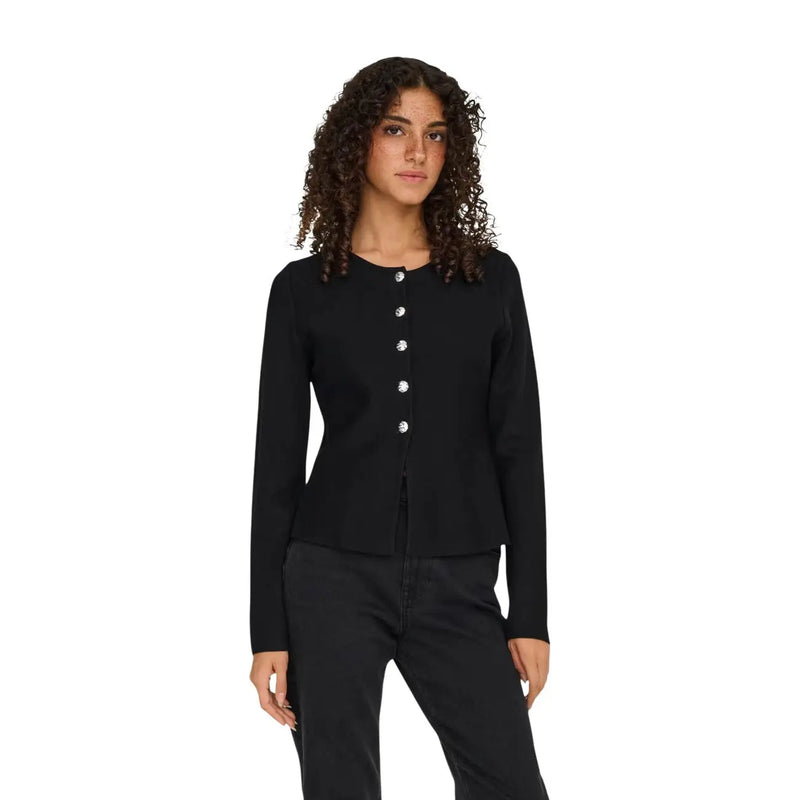 Only Schwarze, langärmelige Damen-Strickjacke mit silbernen Knöpfen aus Viskose-Nylon-Strickwaren