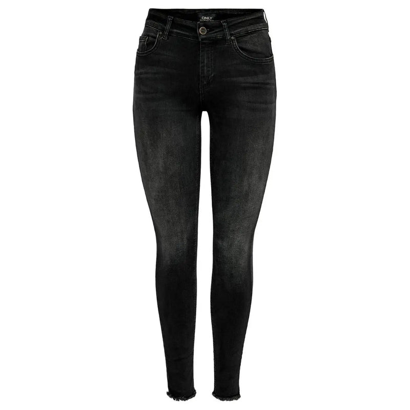 Schwarze, hochgeschnittene Skinny-Jeans mit verwaschenem Look und ausgefransten Säumen aus einem Baumwollmischgewebe von Only Frauen von hinten gesehen