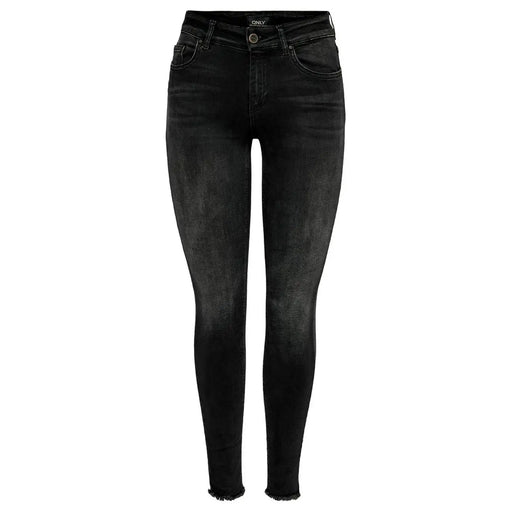 Schwarze, hochgeschnittene Skinny-Jeans mit verwaschenem Look und ausgefransten Säumen aus einem Baumwollmischgewebe von Only Frauen von hinten gesehen