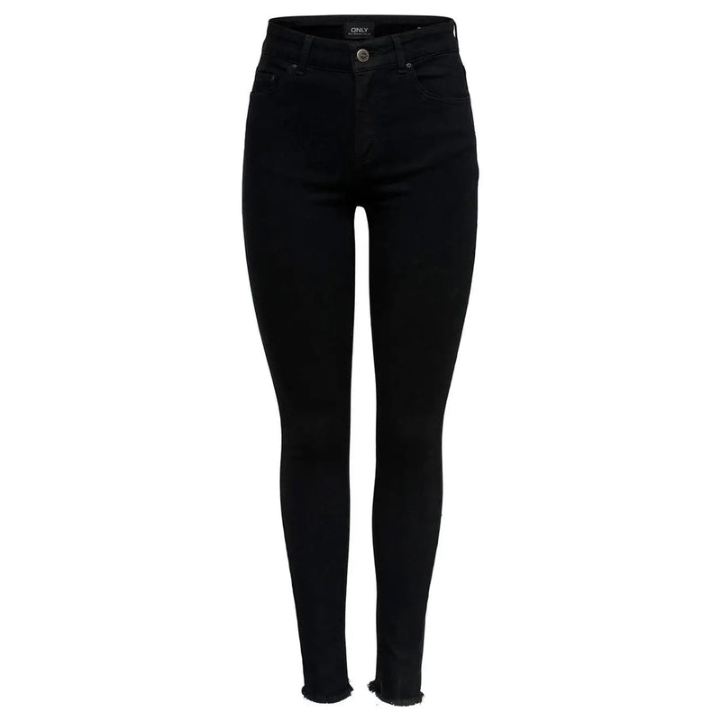 Schwarze, hochgeschnittene Skinny-Jeans aus Baumwolle mit ausgefranstem Saum und dezentem Markenetikett am Bund only schlichter Reißverschlussknopf für Damen