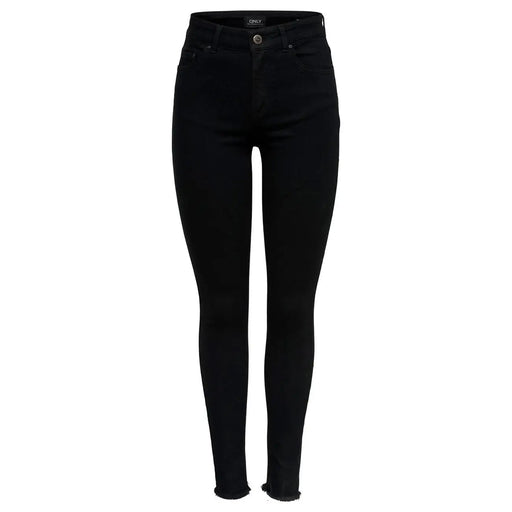 Schwarze, hochgeschnittene Skinny-Jeans aus Baumwolle mit ausgefranstem Saum und dezentem Markenetikett am Bund only schlichter Reißverschlussknopf für Damen