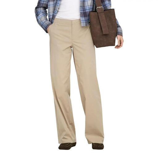 Beige straight-leg chino pants with a clean tailored fit paired with only women black cotton trousers with zip hook pockets size 30
