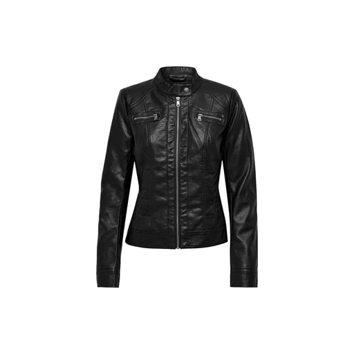 Schwarze Bikerjacke aus Kunstleder mit silbernen Reißverschlüssen und Stehkragen von Only Damenblazer-Kollektion aus Polyurethan-Viskose