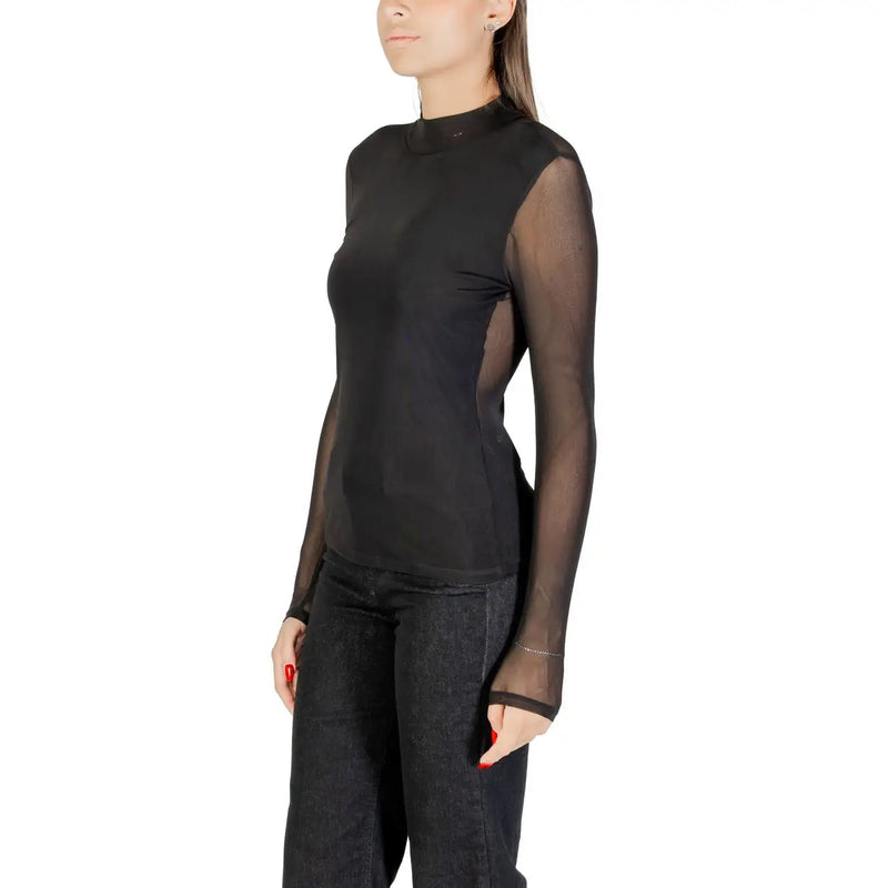 Only lange schwarze Strickwaren für Damen im Herbst top mit transparenten Netzärmeln und festem Polyester-Elastan-Körper
