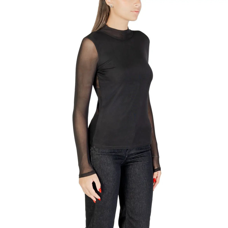 Only Damen schwarze Strickware Polyester Elastan langer Fall transparent langärmelig top mit hohem Halsausschnitt und festem Oberkörper