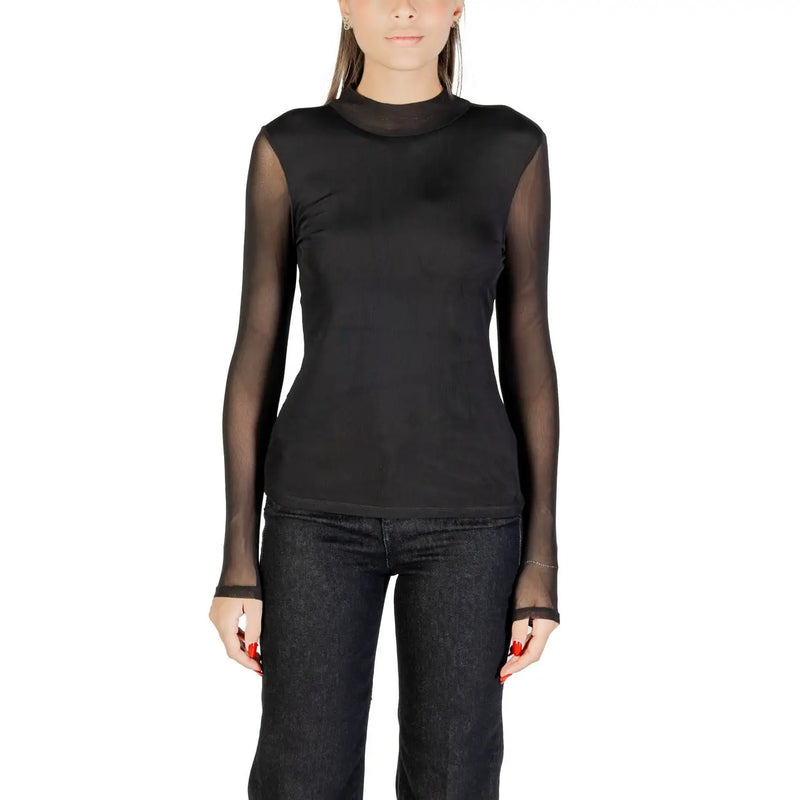 Schwarzer, durchsichtiger, langärmeliger Strickpullover top mit hohem Halsausschnitt und festem Oberkörper aus Polyester-Elastan für den Herbst von Only Frauen