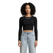 Schwarzes, langärmeliges Strick-Crop-Top top mit gerippter Struktur und Rundhalsausschnitt aus Viskose von Only Frauen
