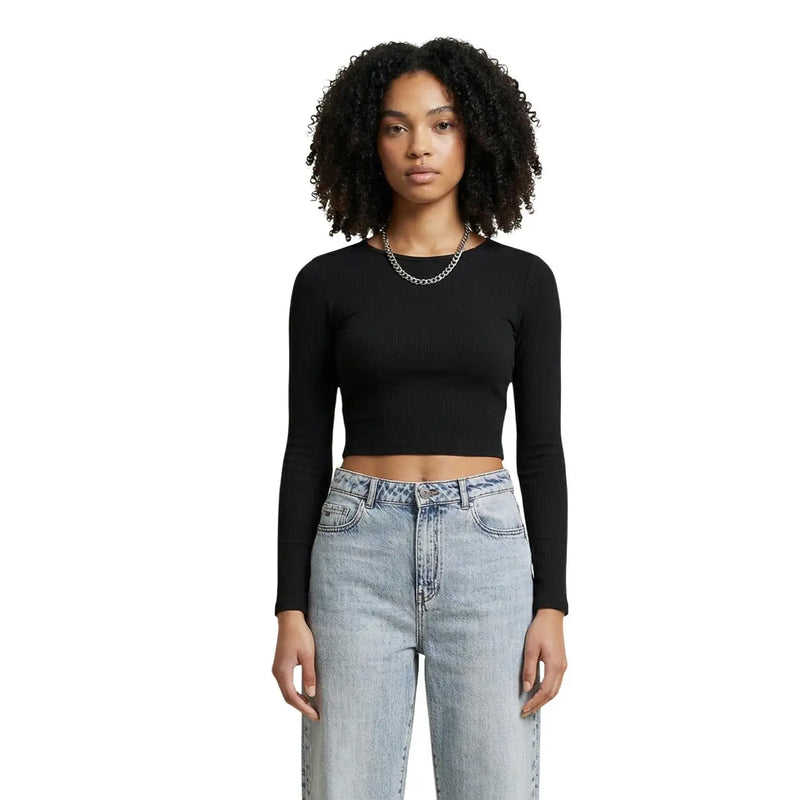 Schwarzes, langärmeliges Strick-Crop-Top top mit gerippter Struktur und Rundhalsausschnitt aus Viskose von Only Frauen