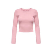 Only Damen-Crop-Top aus zartrosa, geripptem Viskose-Strick, langärmelig top mit rundem Halsausschnitt und schwarzen Pulloverdetails