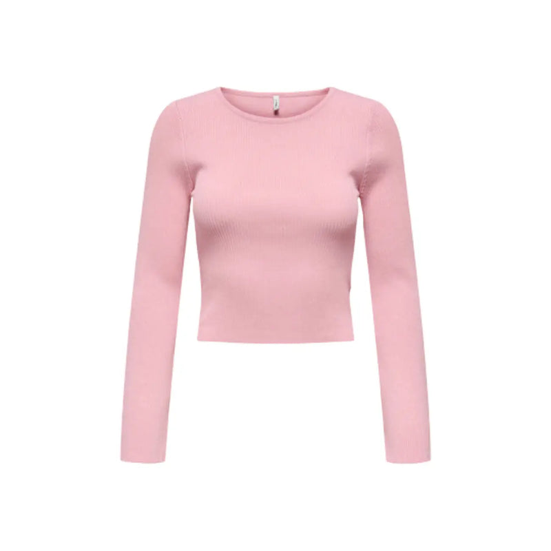 Only Damen-Crop-Top aus zartrosa, geripptem Viskose-Strick, langärmelig top mit rundem Halsausschnitt und schwarzen Pulloverdetails