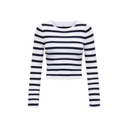 Only Schwarzer, kurzer Damen-Strickpullover aus Viskose mit markanten schwarz-weißen Querstreifen und Rundhalsausschnitt