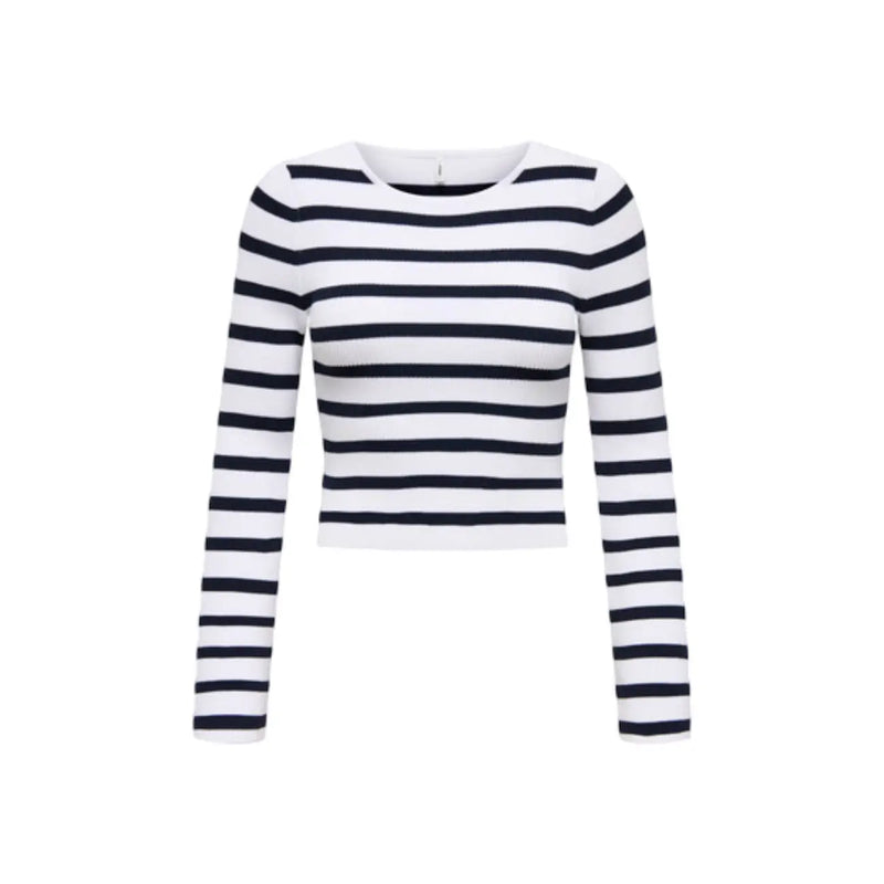 Only Schwarzer, kurzer Damen-Strickpullover aus Viskose mit markanten schwarz-weißen Querstreifen und Rundhalsausschnitt