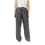 Wide-leg gray denim only women black lyocell jeans with faded distressed texture and classic back pockets shown from back side