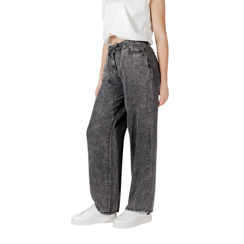 Only women black lyocell jeans styled as wide-leg gray denim pants with relaxed faded wash and elastic drawstring waist