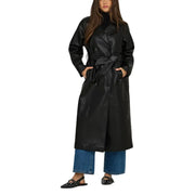 Women’s black faux leather trench coat with belted waist, featured on Only Women Blazer site