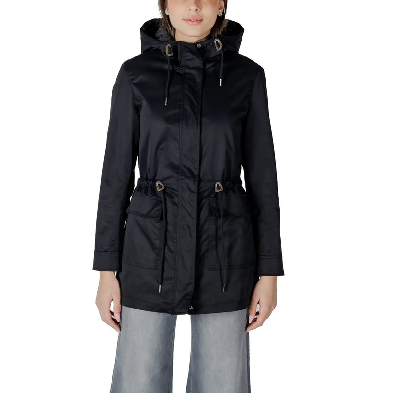 Only women black polyester long blazer with hooded raincoat design featuring sleek water-resistant fabric and metallic drawstrings