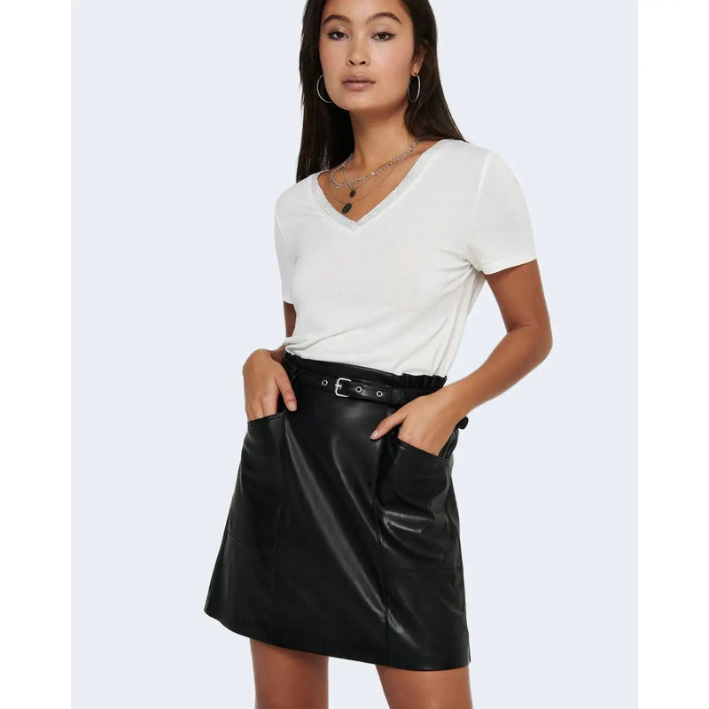 Only women black polyester faux leather mini skirt with silver buckle belt and side pockets for fall winter wear