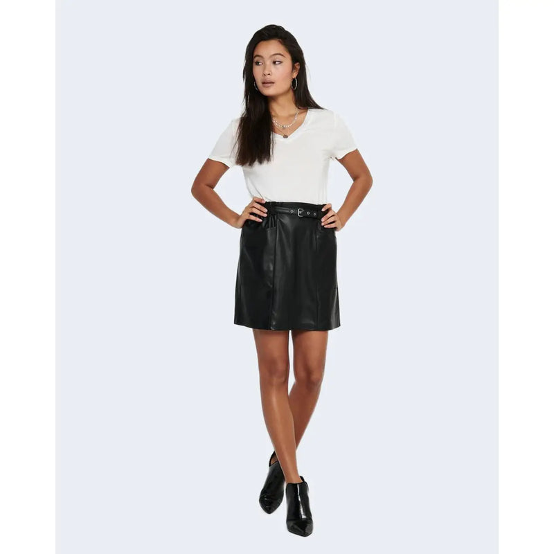 Only women black polyester faux leather mini skirt with fitted waistband and silver buckle detail for fall winter