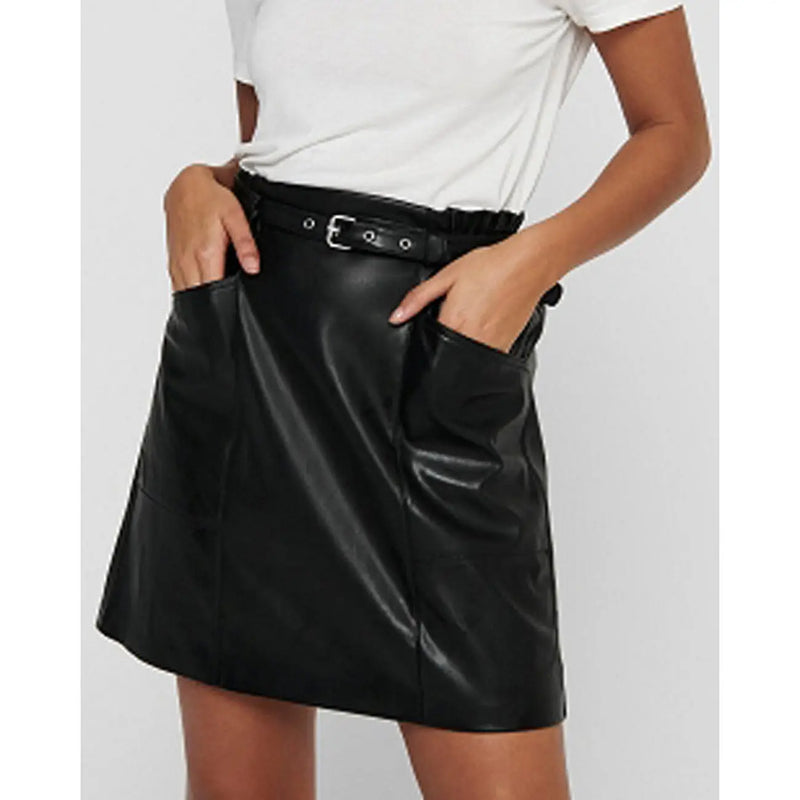 Black faux leather mini skirt with matching belt and side pockets from Only Women fall winter polyester collection