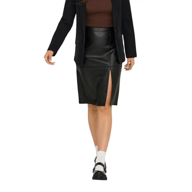 Black faux leather pencil skirt with front slit made of polyester for fall winter by Only Women