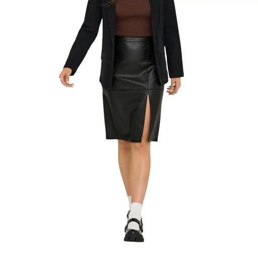 Black faux leather pencil skirt with front slit made of polyester for fall winter by Only Women