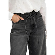 Dunkelgraue, hochgeschnittene Jeans aus Denim mit Kordelzugbund von Only Kollektion schwarzer, gerader Baumwolljeans für Damen