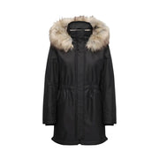 Schwarze Winterparkajacke für Damen mit flauschig hellbraun gefütterter Kapuze aus Polyester und Kordelzug in der Taille