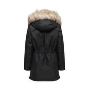 Schwarze Winterparkajacke für Damen mit flauschiger, hellbrauner Kunstfellkapuze aus Polyester und elastischem Kordelzug im Bund.