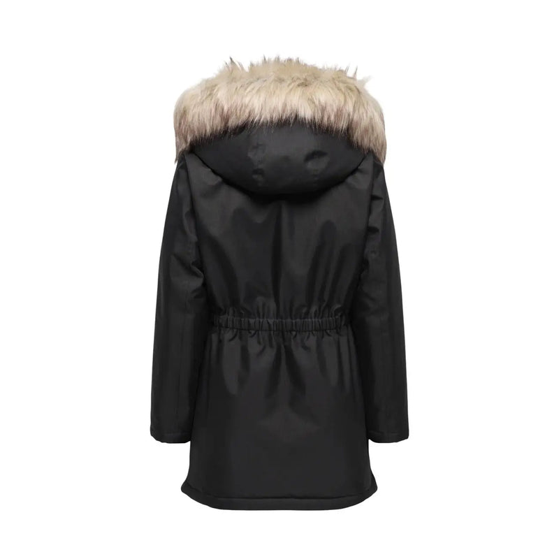 Schwarze Winterparkajacke für Damen mit flauschiger, hellbrauner Kunstfellkapuze aus Polyester und elastischem Kordelzug im Bund.
