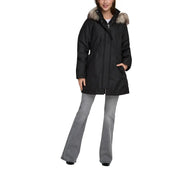 Schwarze Winterparkajacke für Damen aus Polyestergewebe, mit Frontreißverschluss und gefütterter Kapuze im Steppstil