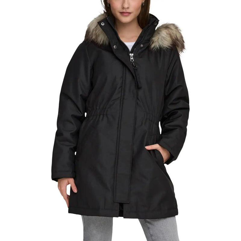Schwarze Winterparkajacke für Damen aus Polyester, mit Kunstfell gefütterter Kapuze und Frontreißverschluss