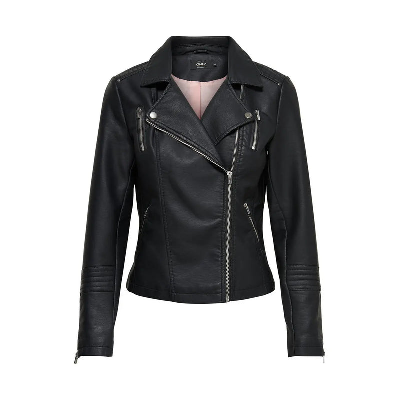 Only women black zip blazer polyester polyurethane biker jacket with silver zippers and stitched detailing