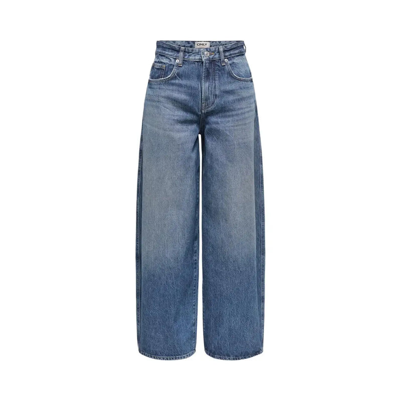 Only Blue Barrel Jeans für Damen, hochgeschnittene, weite Jeans aus mittelblauem Baumwoll-Denim mit dezenten Waschungen und klassischen Ziernähten